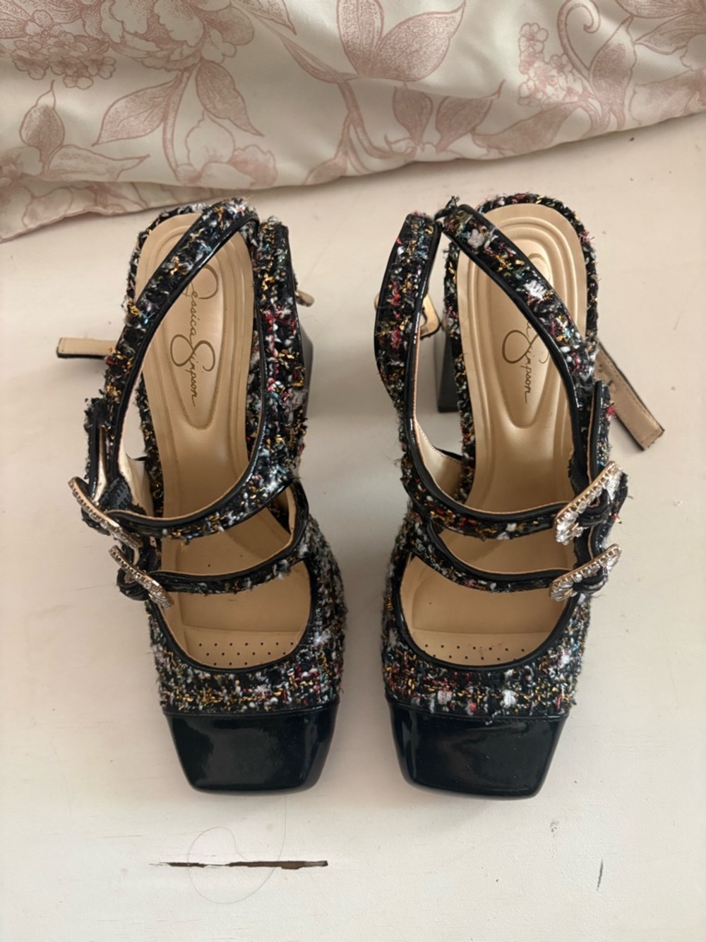 Jessica Simpson Black Multicolor Tweed Strappy Block Heels